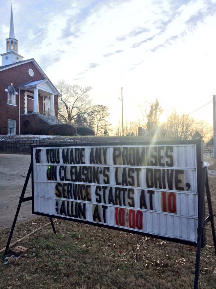 MikeBurnsInSC's tweet photo. In case you haven't seen this from Piedmont United Methodist Church. #Clemson #nationalchampionship https://t.co/nBLexVnOSc