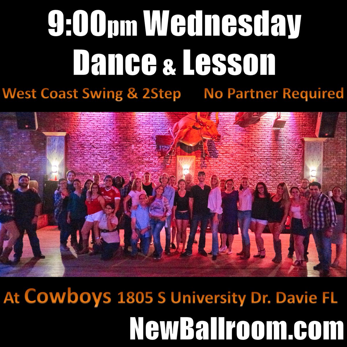 NewBallroom's tweet photo. Tonight at 9:00pm - Dance Lesson and Social at Cowboys: 1805 S University Dr. Davie FL. No partner required. West Coast Swing and Two Step https://t.co/dkAPgwPN8F