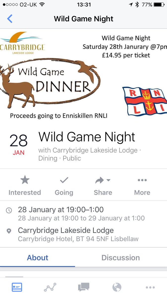 Wild Game Dinner, Sat 28 January @ 7pm. Carrybridge Lakeside Lodge. £14.95 per ticket. Proceeds going to Enniskillen #RNLI