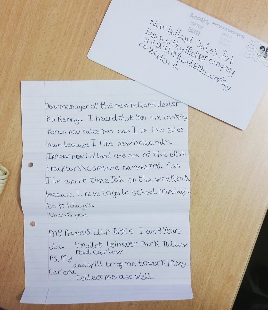EMC_Agri's tweet photo. Job application from a 9 year old for Salesman in our soon to be Kilkenny branch !! Start them young !! #NewHolland #EMCAGRI @NewHollandAG https://t.co/DyhouAFT8X