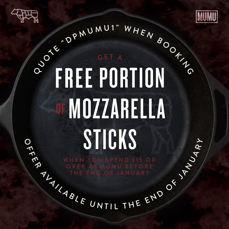 MumuSteakhouse's tweet photo. January offer with @DiscountPreston!
Get FREE deep-fried cheesy goodness when you spend £15+, quote code when booking!
#preston #offers #eat https://t.co/hG03dNvJvg