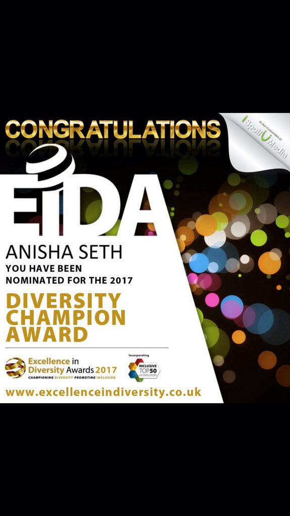 AnishaSeth25's tweet photo. Humbled to be nominated for the Diversity Champion Award at the upcoming @EiDAWARDS ππΌ thank you #EiDA2017 https://t.co/XRI1QSLgIe