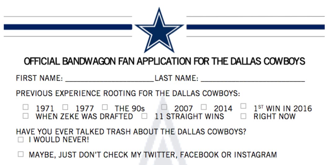 dallascowboys's tweet photo. In case you missed it, there's still time to fill out the Official #DallasCowboys bandwagon fan application. 

😂: https://t.co/ZYZHhPtj1W https://t.co/RkvYoFsvDE