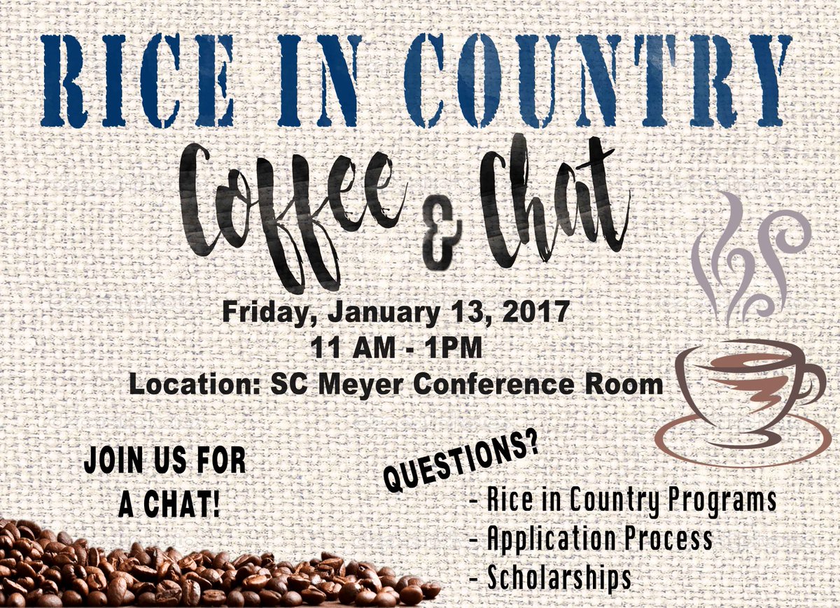 riceincountry's tweet photo. Rice Owls, 

Friendly reminder: 
Rice in Country, Coffee, and Chat 
Friday, January 13, 2017
11am - 1pm

☕☕☕ https://t.co/d4YK7Z5Bsx
