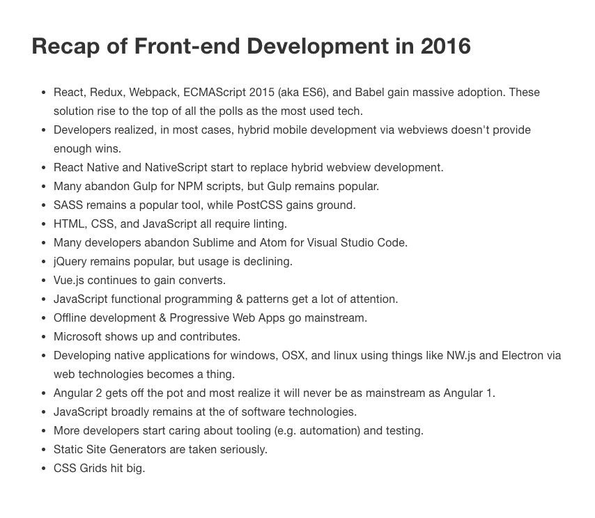 codylindley's tweet photo. Taking down some notes about Front-end Development in 2016. A recap. What am I missing? What am I wrong about? https://t.co/DWKBGR20Xk