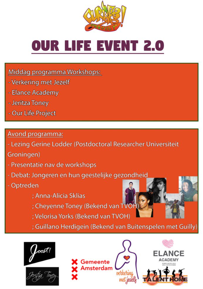 Vandaag is de inschrijving geopend om gratis deel te nemen aan Our Life Event 2.0 met mooie workshops en te gekke optredens, vol = vol!