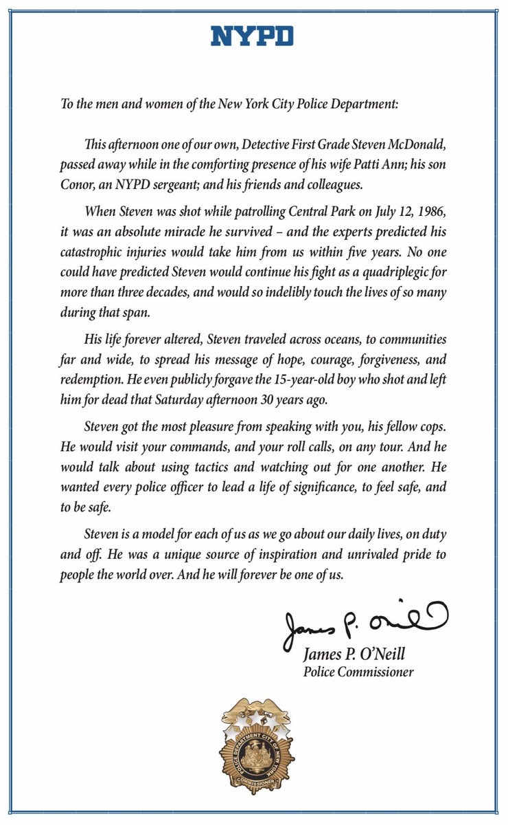 NYPDPC's tweet image. Even after his catastrophic line-of-duty injury, Steven remained the same thoughtful, caring human being - just under new circumstances #RIP