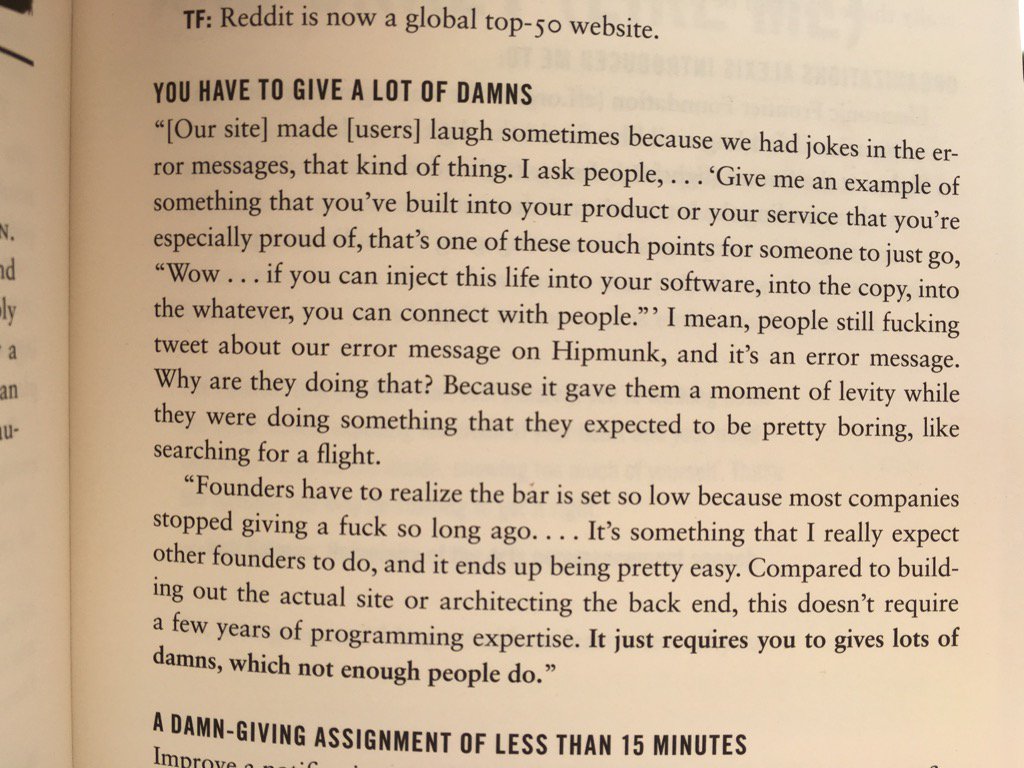 JussiKiviniemi's tweet photo. Awesome business advice from @tferriss ' Tools of Titans. Give more damns. Add some humor. https://t.co/tmNNou0DqV