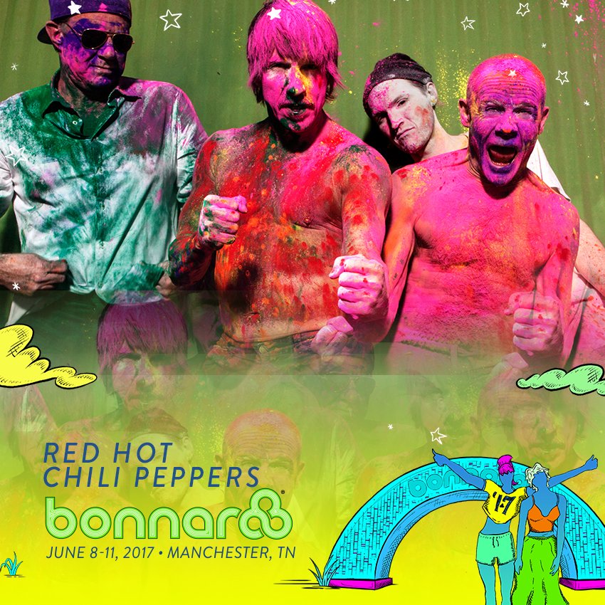 ChiliPeppers's tweet photo. Red Hot Chili Peppers are headlining @Bonnaroo in Manchester, TN on June 8-11, 2017!

Passes available now: https://t.co/aX7TKsmz9E

#RHCP https://t.co/CmRSe3ylft