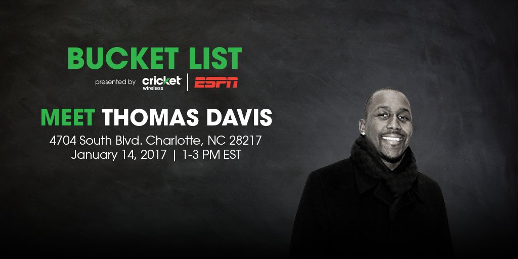 Cricketnation's tweet photo. We’re making dreams a reality for sports fans in #Charlotte! Visit us on 1/14 from 1-3PM EST to meet @ThomasDavisSDTM. #FanBucketList https://t.co/bJ8Sa3iglH