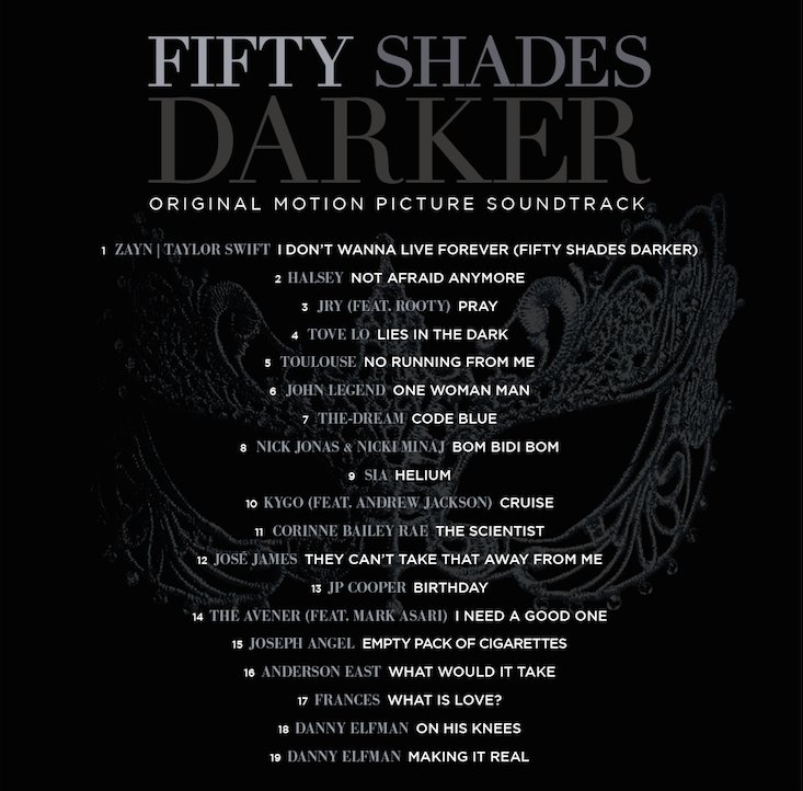 FiftyShades's tweet photo. No more secrets. Available for pre-order on 1/13, the #FiftyShadesDarker OST incl. music from @ZAYNmalik &amp; @TaylorSwift13 and @Halsey! https://t.co/9HlRv2fFMJ