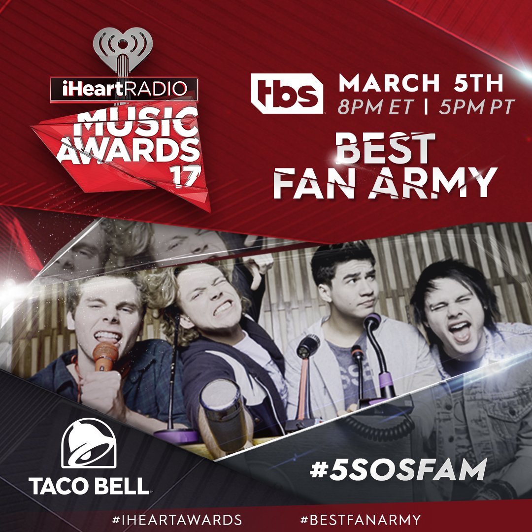 iHeartRadio's tweet image. #5SOSFam is a force to be reckoned with and they're gaining speed with #BestFanArmy. Wanna win at our #iHeartAwards? Get voting now! RT.