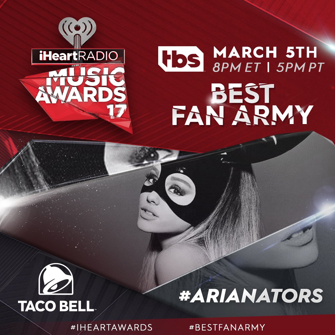 iHeartRadio's tweet photo. Something about #Arianators makes the @tacobell #BestFanArmy feel like a Dangerous Category. You're rising in the ranks! Vote #iHeartAwards! https://t.co/woOBbxI9GP