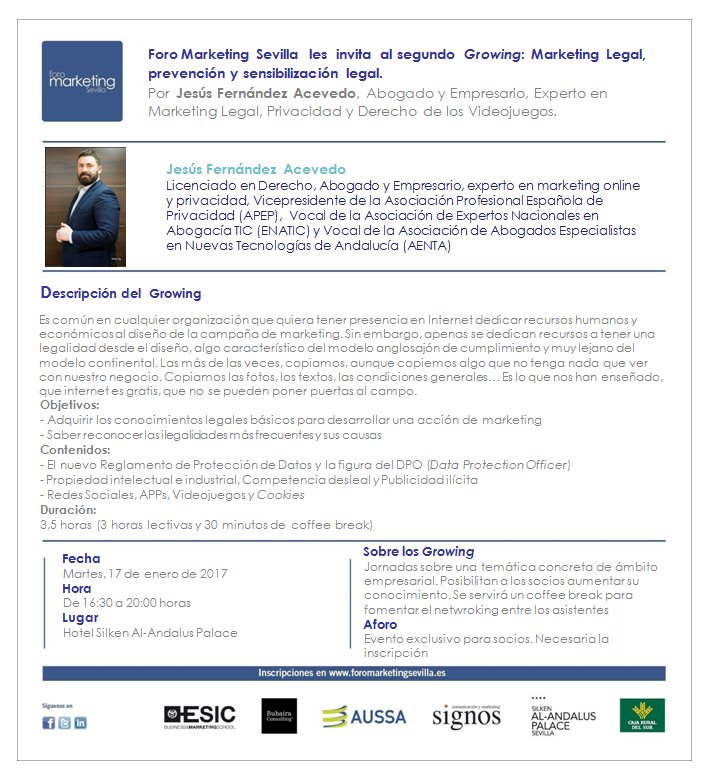 FMKTSevilla's tweet photo. 17 de enero:16:30 Growing #2 sobre LEGAL MARKETING de @FMKTSevilla con @jesacevedo Solo para socios.No te lo pierdas https://t.co/pNalOPYMlO https://t.co/VfAdMSaYVd