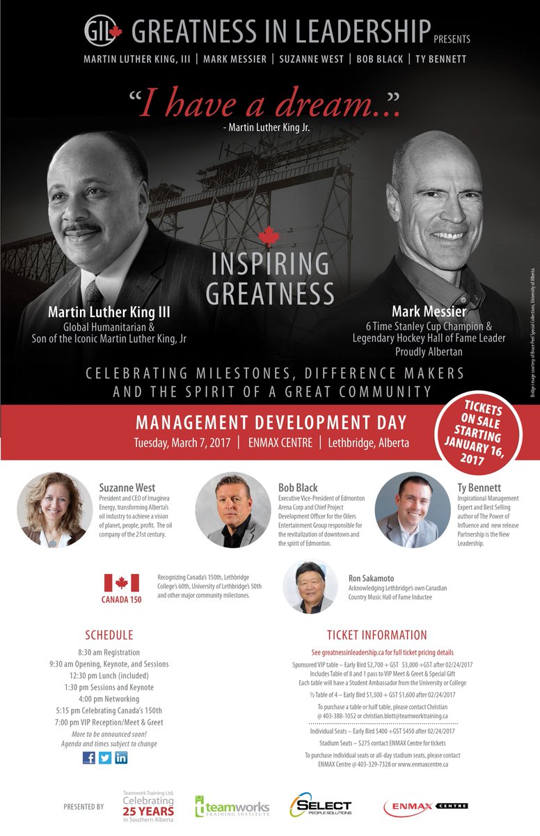 .<a href="/TeamworksInst/">Teamworks Institute</a>, .<a href="/SelectStaff/">Select People Solutions</a>, @enmaxcentre welcome Mark Messier and <a href="/OfficialMLK3/">Martin Luther King III</a> to the 3rd #greatnessinleadership event! #yql, March 7.