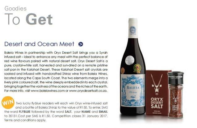BaleiaWines's tweet photo. #Win with Baleia Wines/ @oryxsalt in the January issue of Fly Blue Crane Magazine! #WineWednesday #Salt #FlyBlueCrane #cheers https://t.co/jWv48kaNjz
