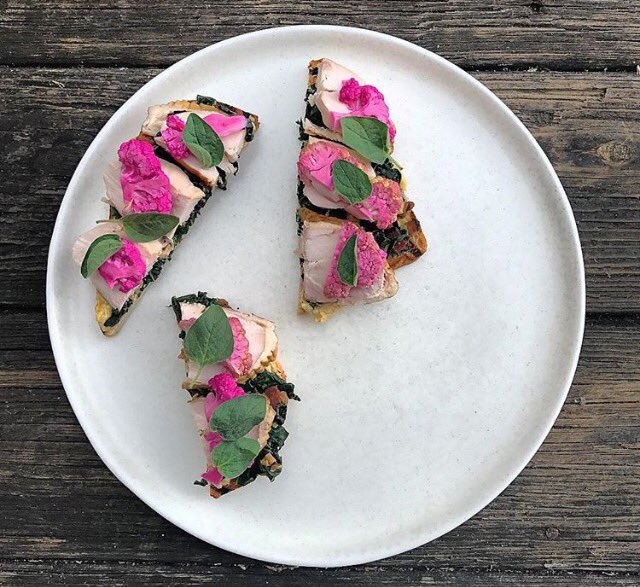 LotusFarm2Table's tweet photo. smoked chicken breast, bacon braised black kale, pickled cauliflower, garbanzo purée, grilled sourdough https://t.co/pf8Y0BJnJG