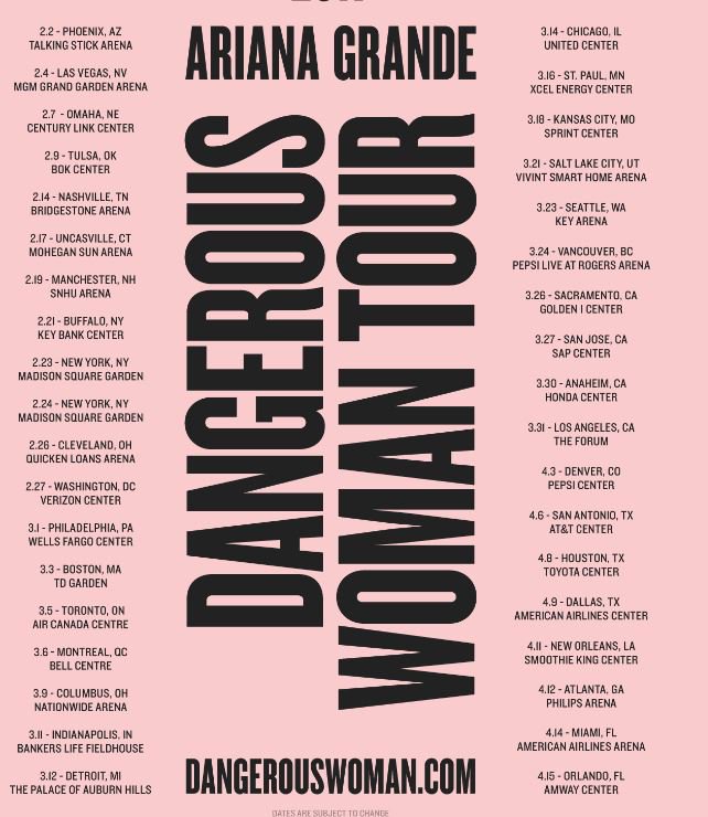 GlobalAccess_'s tweet photo. @arianagrande Dangerous Woman Tour - Tour Dates. @LiveNation will have all the ticket info. https://t.co/TryS4HsYRt https://t.co/Sz6PpBwccf