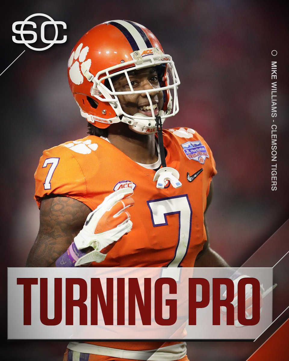 SportsCenter's tweet image. THIS JUST IN: Clemson WR Mike Williams announces he will forgo his senior season and enter the 2017 NFL draft.