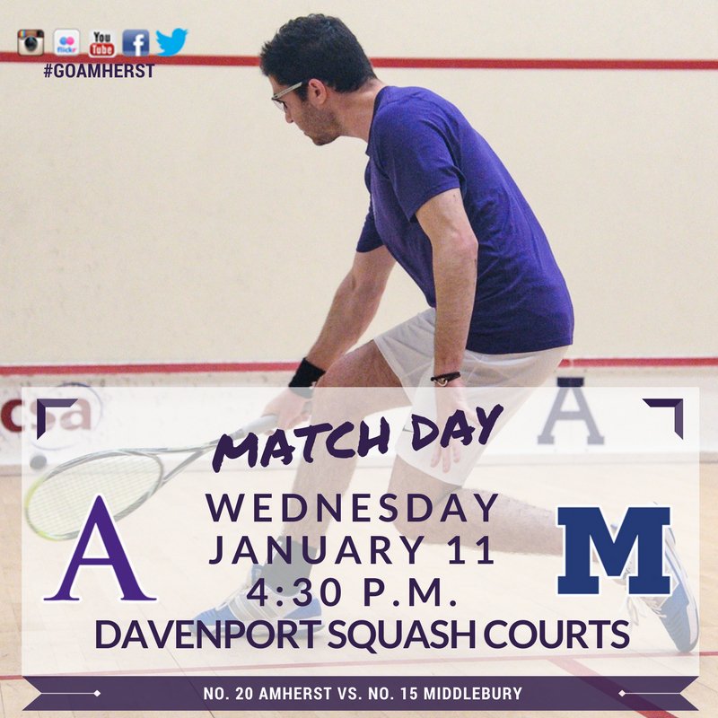AmherstMammoths's tweet photo. MATCH DAY! The No. 20 Amherst men's squash team hosts No. 15 Middlebury at 4:30 p.m. at the Davenport Squash Courts! #goamherst https://t.co/ElGmyF0EKc