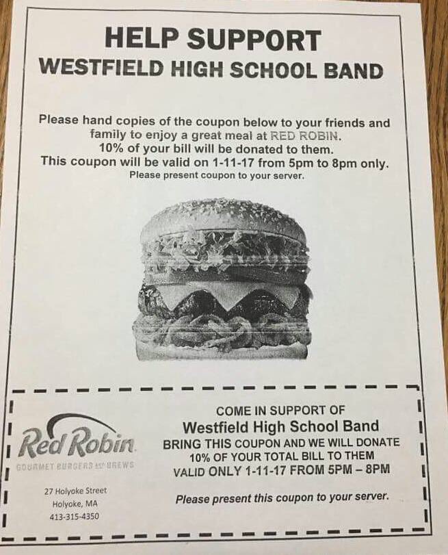 whsband413's tweet photo. Red Robin fundraiser tonight! Here's the flyer. Hope to see you there! https://t.co/DfTF0dOCtq