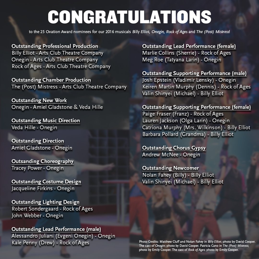 Thanks to the #OVAwards jury for recognizing BILLY ELLIOT, ONEGIN, ROCK OF AGES and THE (POST) MISTRESS! Congrats to ALL the nominees!