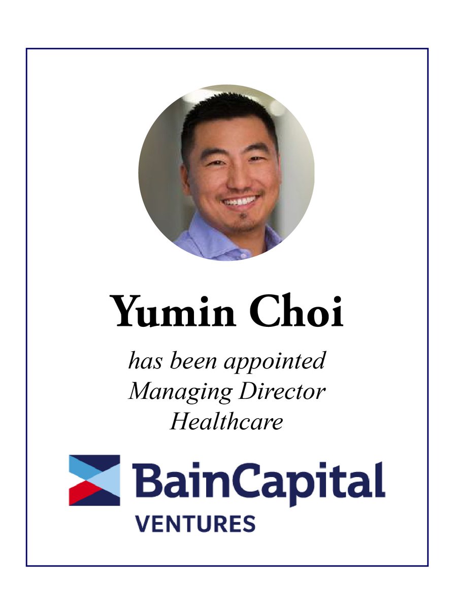 RossSearch's tweet photo. Bain Capital Ventures Hires Yumin Choi as Managing Director to Lead Healthcare Investments. #JPM17 #JPMHC35 https://t.co/AlS1IrxUmF https://t.co/RDXyhfC81y