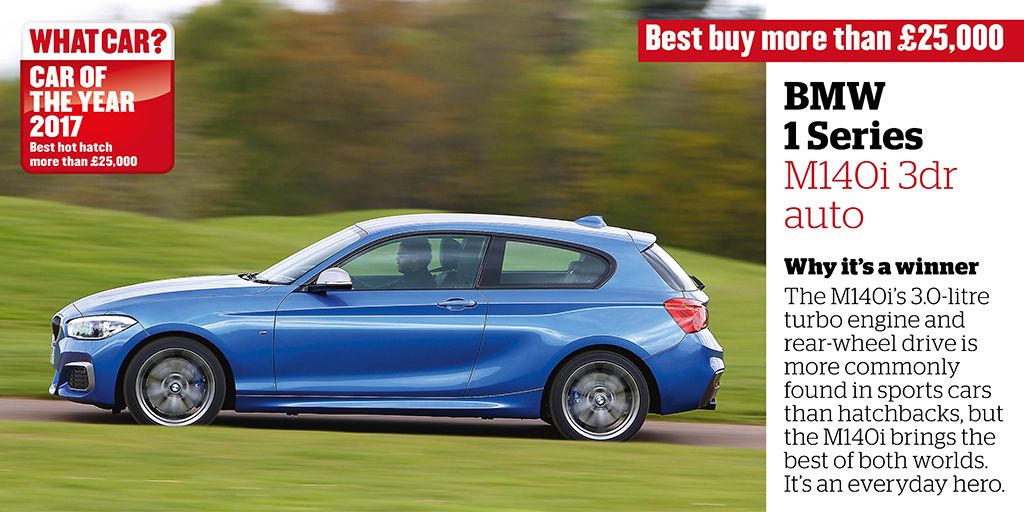 whatcar's tweet photo. In the more than £25,000 hot hatch category, the @BMW_UK M140i 3dr auto is our favourite #whatcarawards https://t.co/O0tfEkExyH