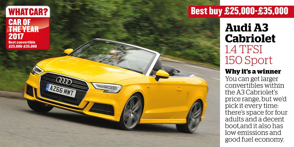 whatcar's tweet image. Priced between £25,000 and £35,000, the @Audi A3 Cabriolet 1.4 TFSI 150 Sport is our favourite convertible #whatcarawards