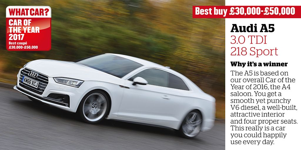 whatcar's tweet image. Priced between £30,000 and £50,000, the @Audi A5 3.0 TDI 218 Sport is the best coupé you can buy for this money #whatcarawards