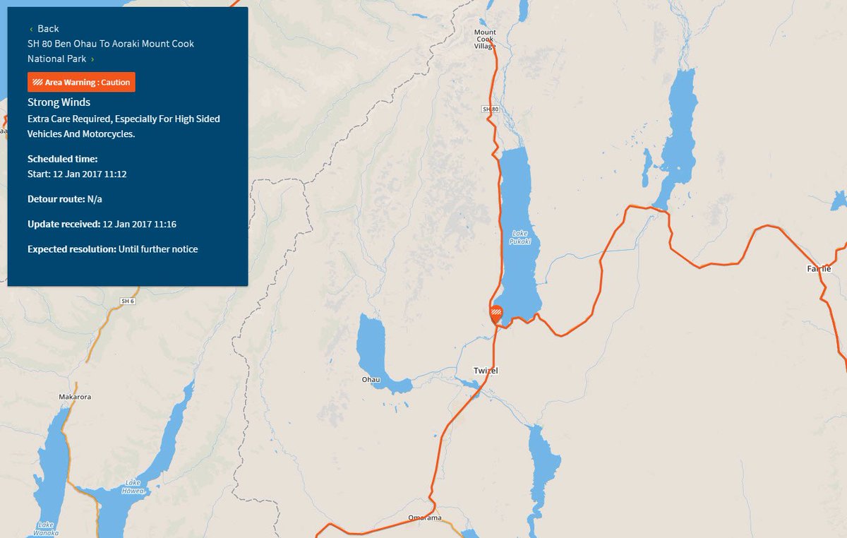 SH80 Ben Ohau - Aoraki Mount Cook: Strong wing warning. Motorcyclists &amp; drivers of high sided vehicles take care.^SM ow.ly/85DS307UWkw