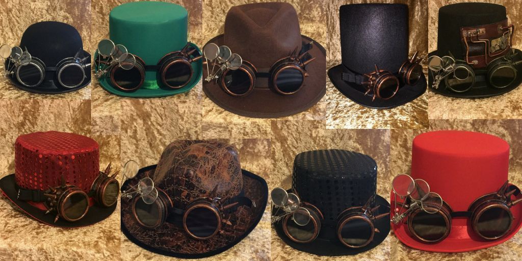 SteamPunkbyBen's tweet photo. Steampunk hat and cyber goggle combos galore!  #craftbuzz #atsocialmedia #FlockBN #SNRTG #eshopsUK https://t.co/Lu6XfmIppR https://t.co/A4crBKBKut