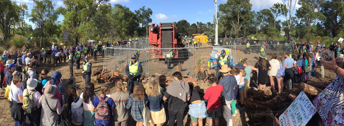 GeoffBice's tweet photo. People have surrounded machinery at Coolbellup bushland #NoRoe8 #savebeeliarwetlands #rethinkthelink https://t.co/JDL0NYzoK5