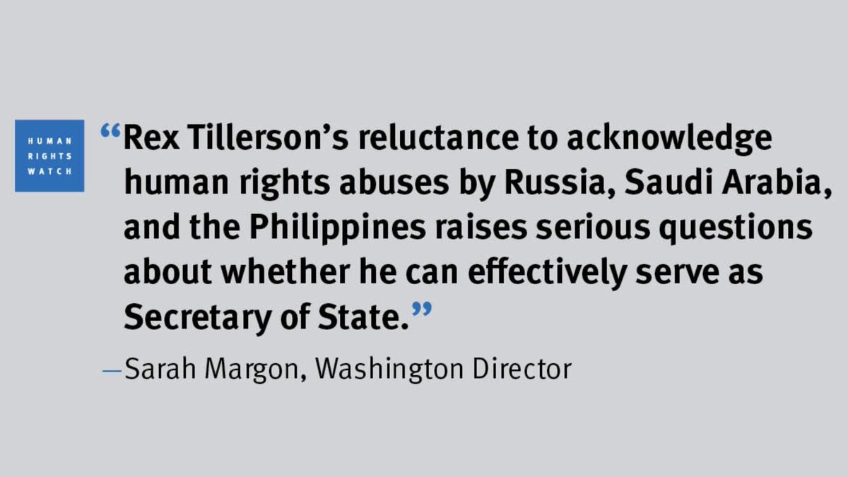 WenzelMichalski's tweet photo. US: Secretary of State nominee Rex Tillerson is either ill-informed or apathetic to human rights issues worldwide. @sarahmargon @hrw https://t.co/tazCCfcBMm