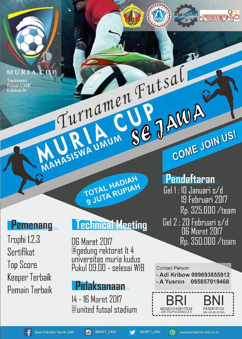 Hari ke3 pndftrn Gel. I Turnamen Futsal Mahasiswa Muria Cup 2017 nih. Jgn smp ketinggalan ya lgsg dftr aj. Recomended bgt deh pokoknya