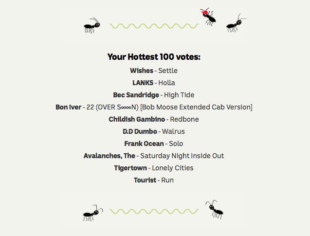 My #hottest100 pics. Shout out to locals <a href="/lanksmusic/">LANKS</a> + <a href="/becsandridge/">BEC SANDRIDGE</a> + tour buddies <a href="/Tigertown/">Tigertown</a> ... and myself <a href="/triplej/">triple j</a>