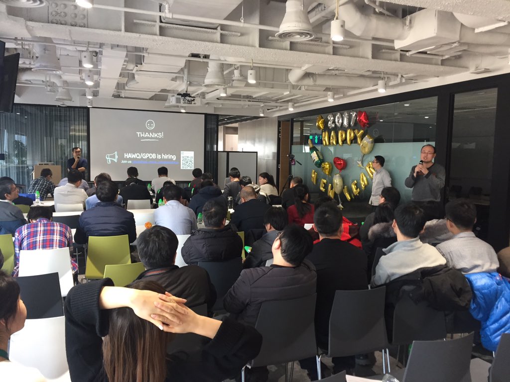 Espino's tweet photo. @ApacheHAWQ meetup in Beijing! Growing the community! Nice talks by Ivan Weng, Hubert Zhang &amp; Wenbin Lu. https://t.co/ks6Yt9RhmO