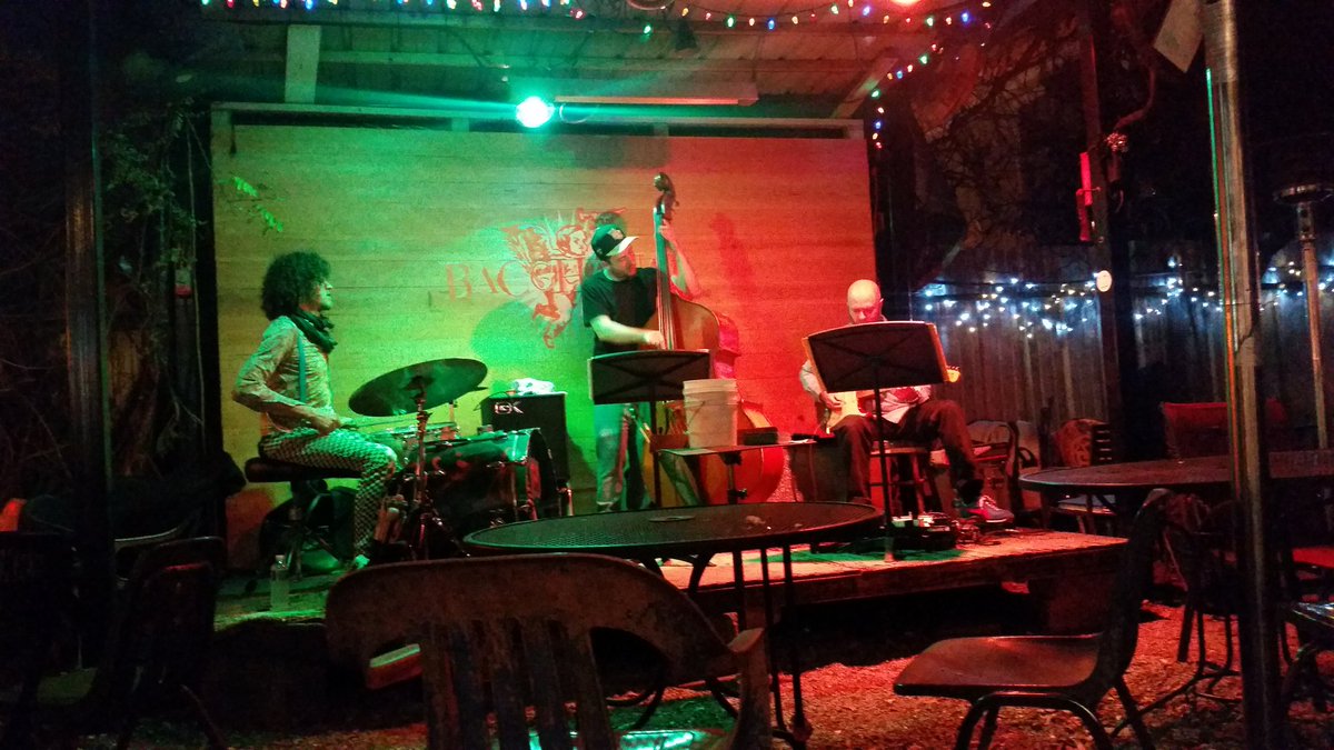 EricDirnbach's tweet photo. Jesse Morrow Trio, @JesseMorrowBass #chrisalford & #simonlott amazing at @Bacchanalwine #NOLA #NewOrleans https://t.co/oVQd0t8e27