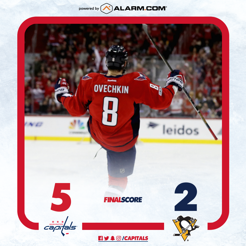 Capitals's tweet photo. #CapsPens FINAL SCORE powered by @AlarmDotCom : #Caps 5 - Penguins 2 #RockTheRed https://t.co/c1fR8hXaBn