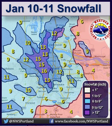 NWS Portland on Twitter: "Final Snowfall Totals for 10-11 Jan snowstorm.  For many, biggest storm since February 1995. https://t.co/1eKsLE0AJa #orwx  #wawx #pdxtst https://t.co/9GCkaXx5VN" / Twitter