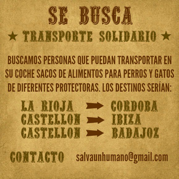 salvaunhumano's tweet photo. ¡Necesitamos transporte solidario para llevar comida a diferentes protectoras! ¿Nos ayudas? ¡Difusión máxima! https://t.co/l2uv0yTfWb