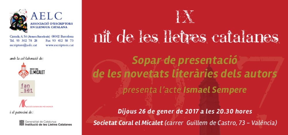 Dijous 26 Nit de les Lletres Catalanes a la SC El Micalet
amb les #novetatsliteràries dels nostres autors 😀
escriptors.cat/node/13675