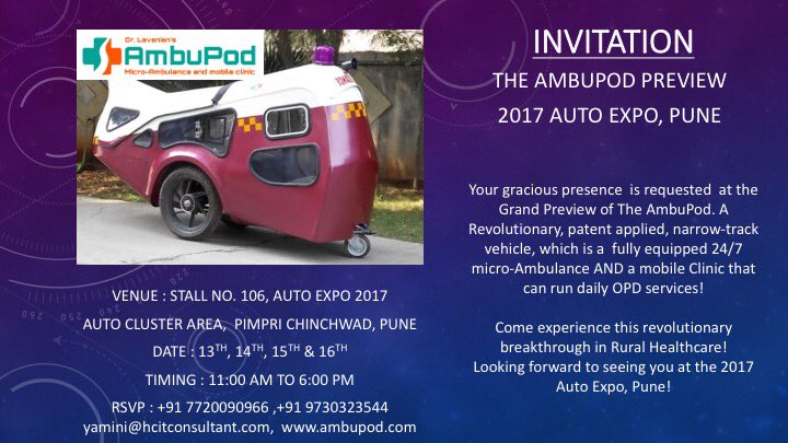 Yamini_L's tweet photo. Inaugurating Dr. @lavanian s #AmbuPod at the #autoexpo #pune #ambulance #Clinic #healthcare #ruralindia @makeinindia @narendramodi #innovate https://t.co/Vk90AdXxN9
