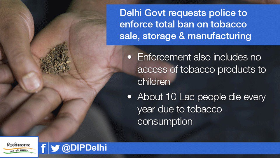 DIPDelhi's tweet photo. Govt asks police to help in implementing the ban on manufacturing, storage, distribution, and sale of chewable tobacco products. #DIPDelhi https://t.co/sEh5Y7Zqfl