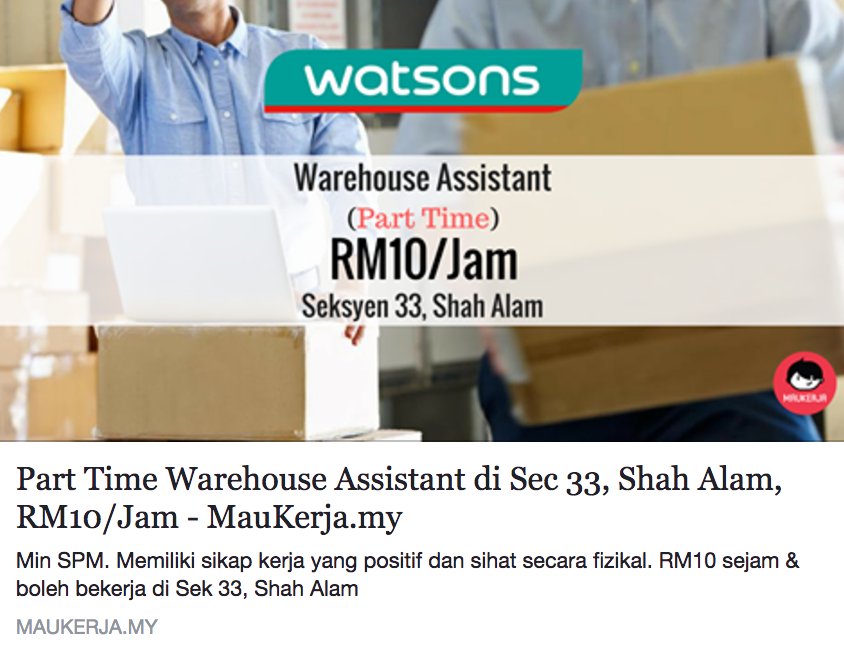Twitter ä¸ç Maukerja Part Timer Sebagai Warehouse Assistant Di Watson S Rm10 Sejam Tau Yang Mencari Duit Lebih Bolehlah Apply Https T Co N4buwmjyim Https T Co Yrn2ahxt6m Twitter