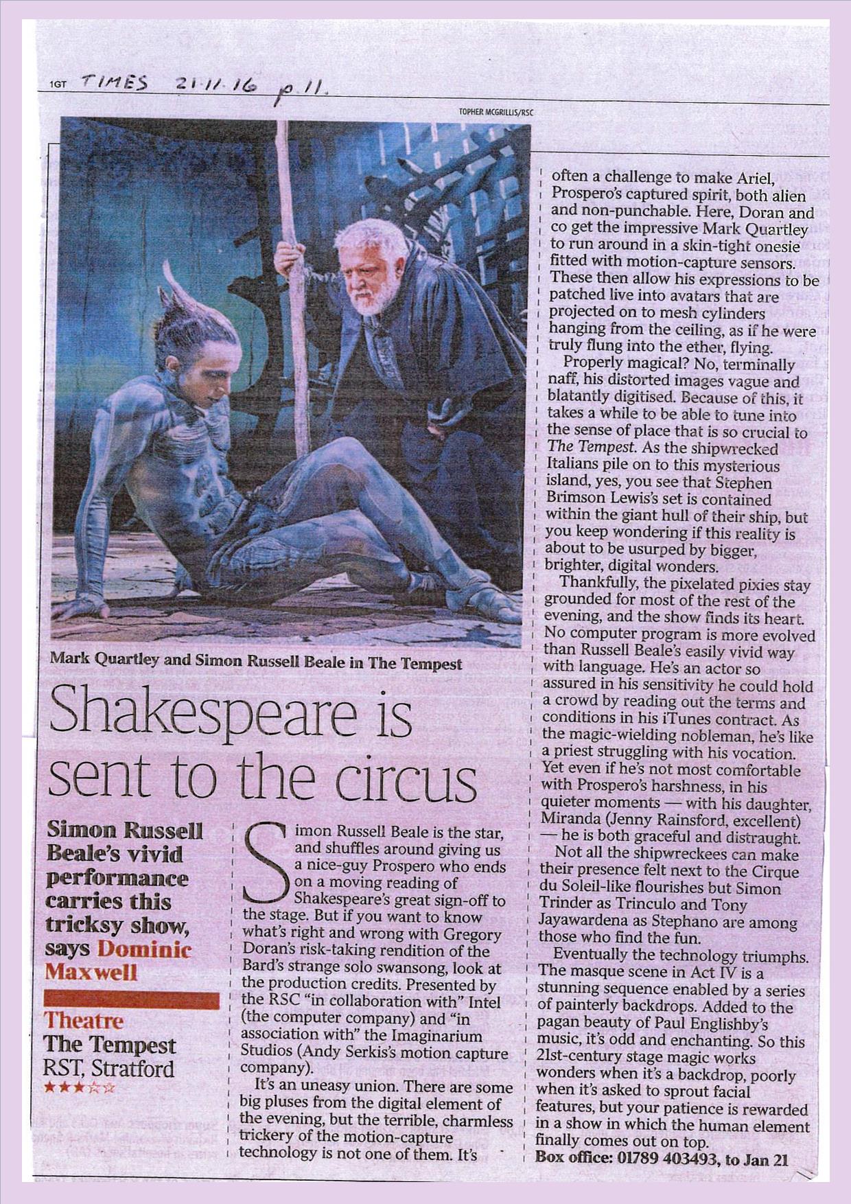 Happy Birthday Simon Russell Beale currently Prospero . Article from the library\s news cuttings archive. 