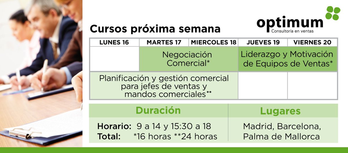 Estos son los #Cursos de #Ventas de  <a href="/OptimumVentas/">Optimum</a> para la próxima semana. Más información, fechas e inscripciones: bit.ly/formacio_opt