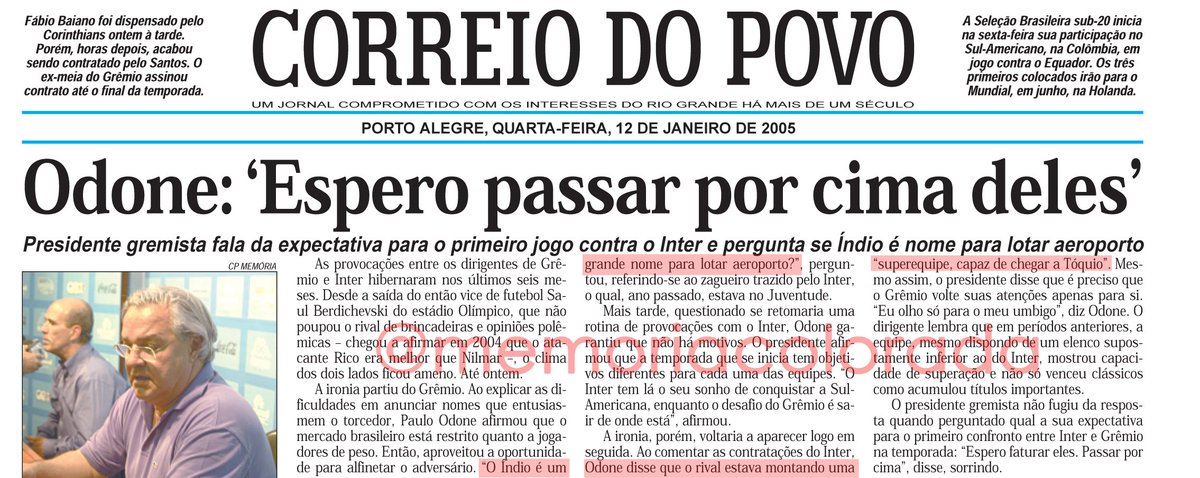 memoriacolorada's tweet photo. 12/01/2005 - "O Índio é um grande nome para lotar aeroporto?", "superequipe, capaz de chegar a Tóquio" - Paulo Odone https://t.co/X5EbKmhkkE