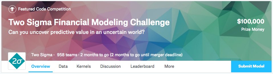 MyIdeaLab's tweet image. No more excuses. Start #kaggling away in 2017 with the Two Sigma Financial Modeling Challenge 
kaggle.com/c/two-sigma-fi…
@kaggle @twosigma