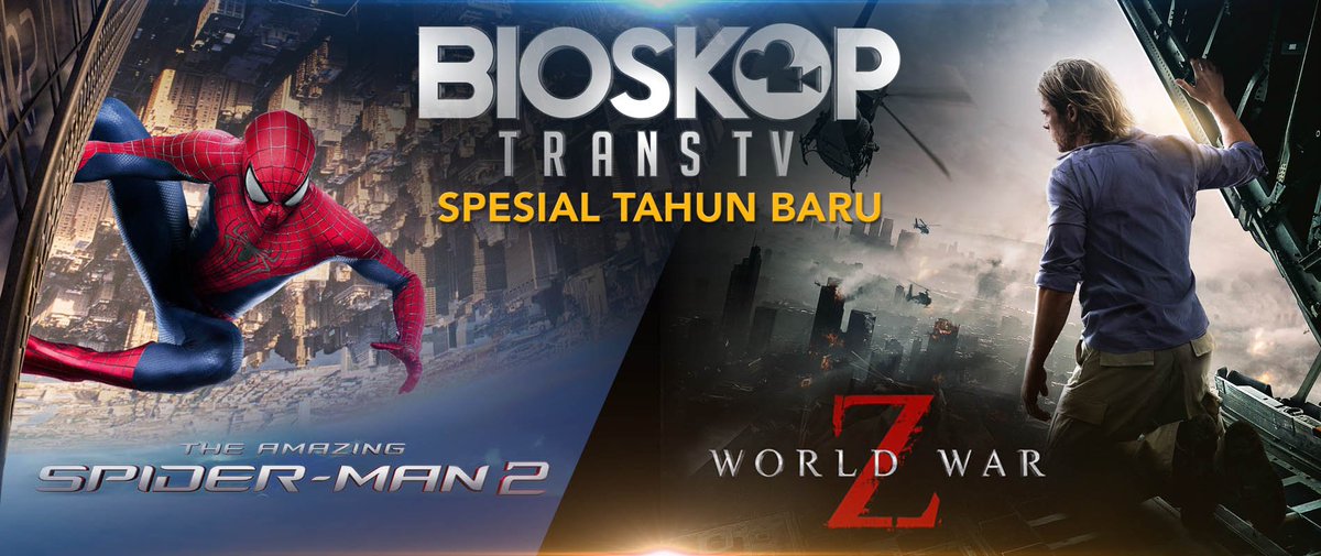 Bioskop TRANS TV spesial Tahun Baru nih Tweeps! Hadirkan Film THE AMAZING SPIDER-MAN 2, Pk. 19.30 &amp; World War Z, Pk. 22.00 WIB. Jgn lupa ya